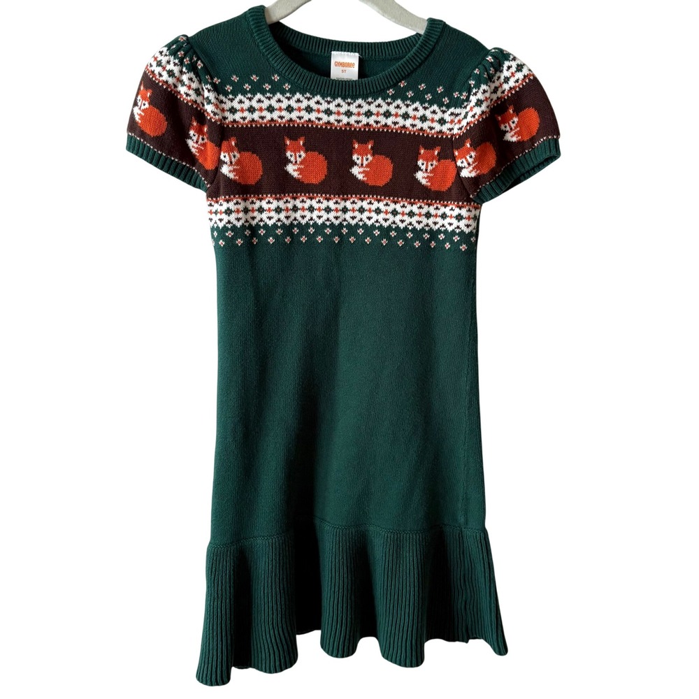 Gymboree Girl's Forest Green Fall Autumn Fox Short Sleeve Sweater Dress Size 5T